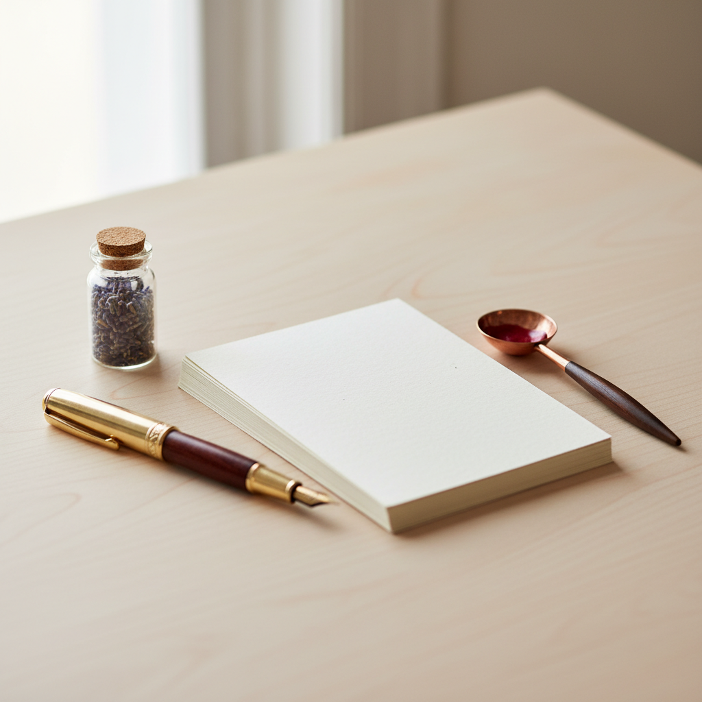 Flat lay of a brass fountain pen, cream stationery, and dried lavender on a light wooden surface in soft light.