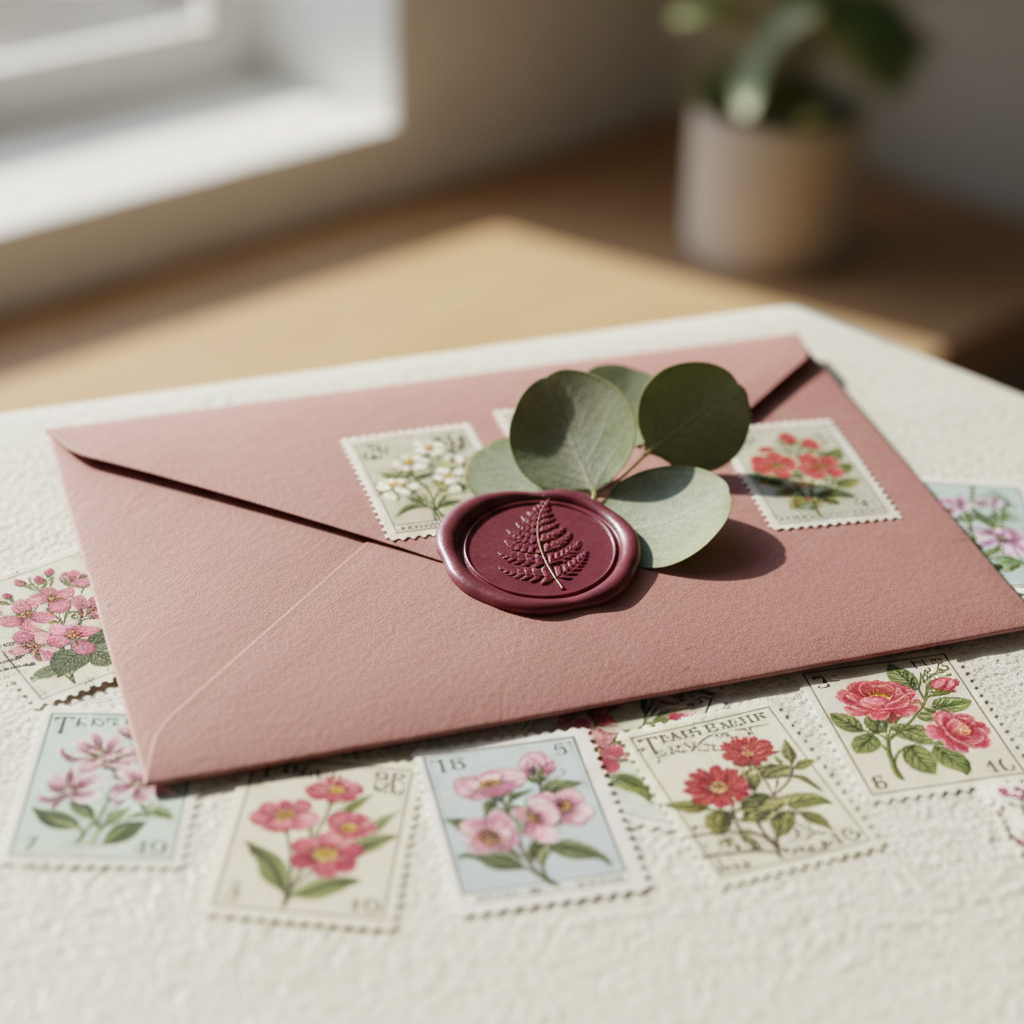 A dusty rose envelope with a burgundy botanical wax seal and floral postage stamps on a bright desk.