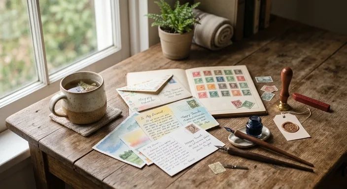 A cozy rustic wooden table covered with handwritten postcards, vintage stamps, wax seals, calligraphy pens, and a steaming ceramic mug of tea under soft window light.