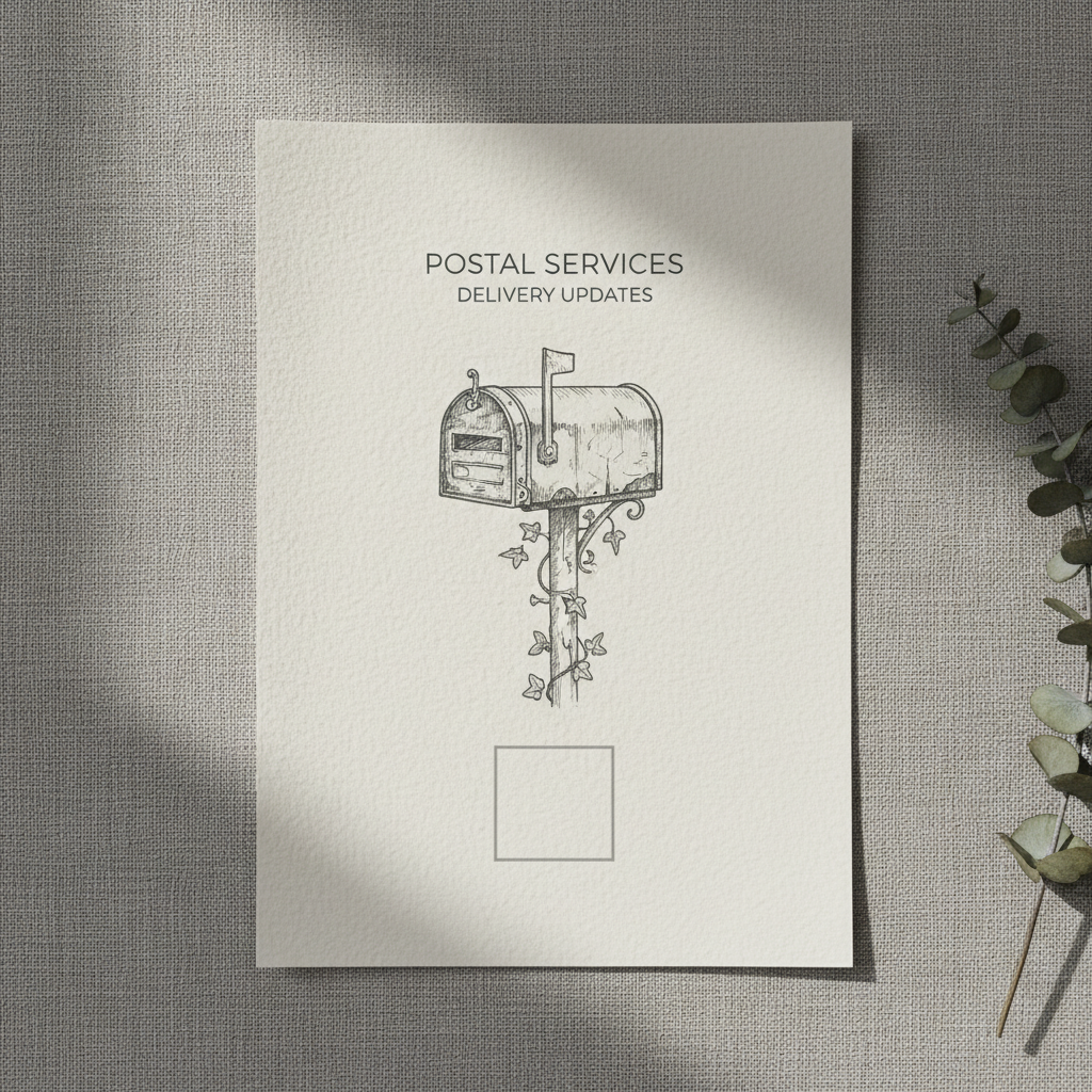 A minimalist neighborhood flyer design on heavy paper featuring a vintage mailbox illustration and a QR code placeholder.