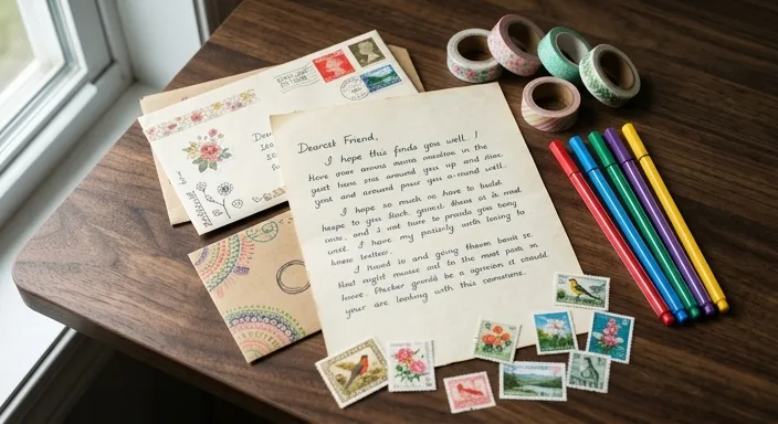A flat lay photo of a handwritten letter, vintage envelopes, colorful pens, washi tape, and stamps on a dark wood background.