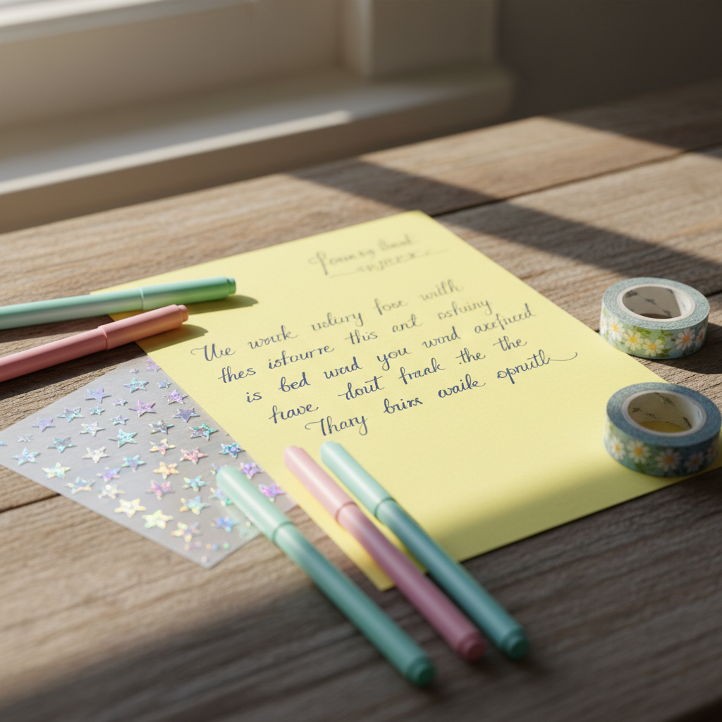 A rustic wooden desk with yellow stationery, pastel pens, and star stickers under soft window light.