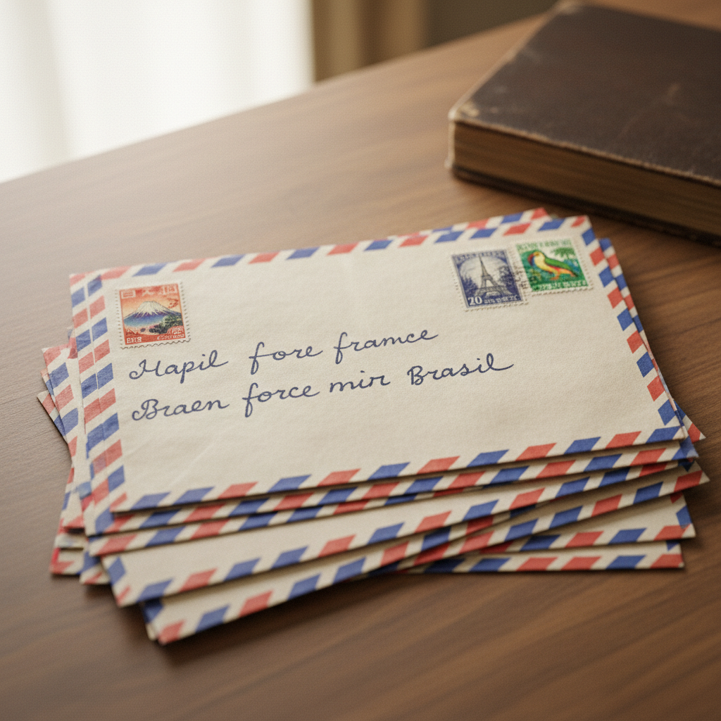 A top-down view of international airmail envelopes with colorful stamps and neat handwriting on a surface.