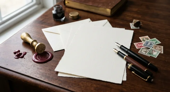 A flat-lay view of vintage fountain pens, premium cream paper, colorful postage stamps, and a burgundy wax seal on a dark wood desk under soft light.