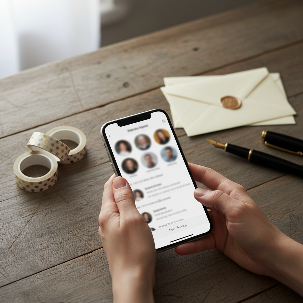 Hands holding a smartphone showing a penpal community app over a desk with stationery and washi tape.