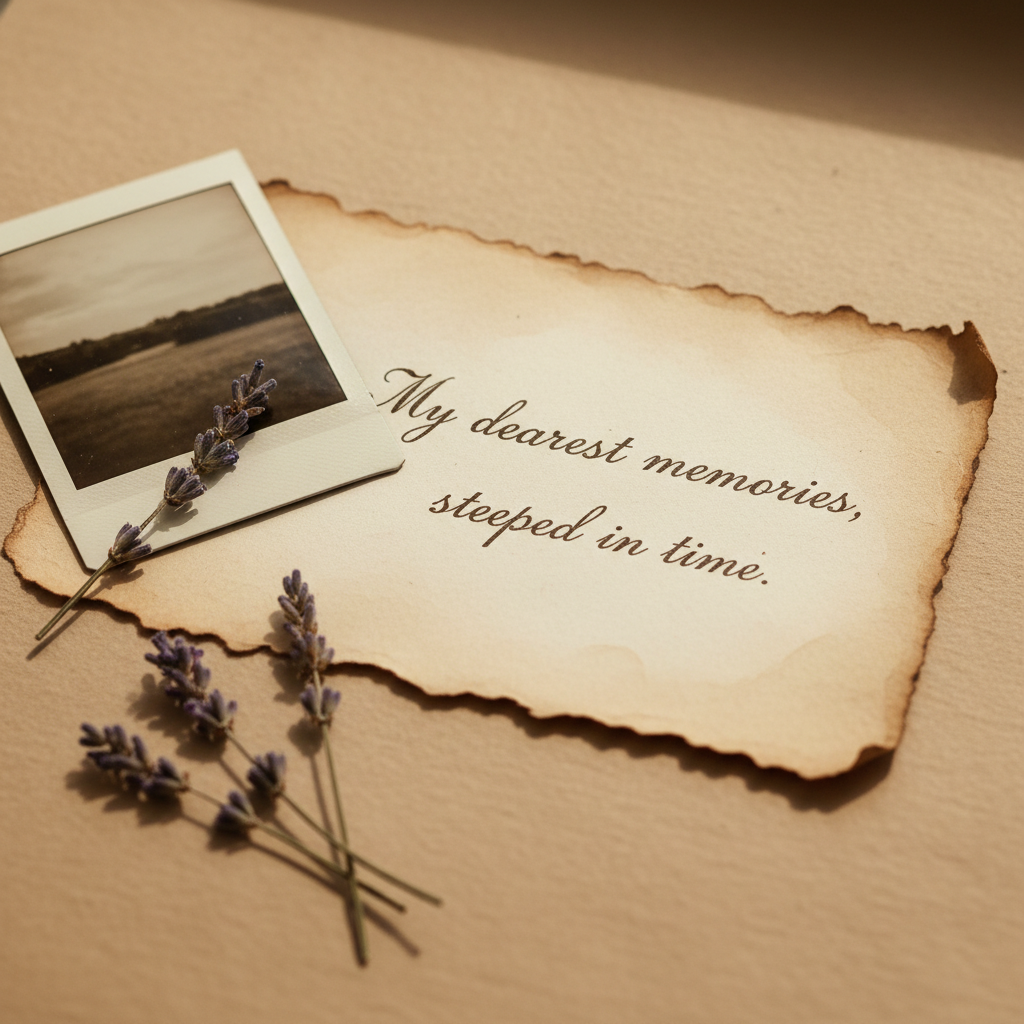 A decorated penpal introduction card featuring tea-stained paper, a Polaroid, and pressed flowers.
