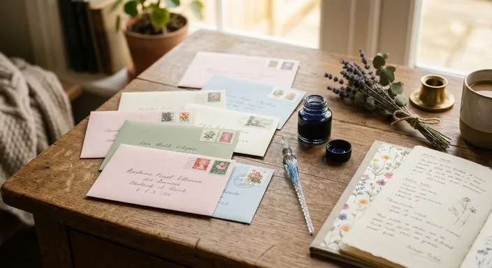 Cozy wooden desk with colorful hand-written envelopes, vintage stamps, a glass dip pen with an inkwell, and artistic stationery in soft light.