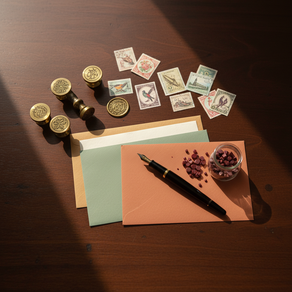 A flat-lay photograph showing an assortment of aesthetic snail mail supplies including wax seals, vintage stamps, colorful envelopes, and a fountain pen on a dark wood table.