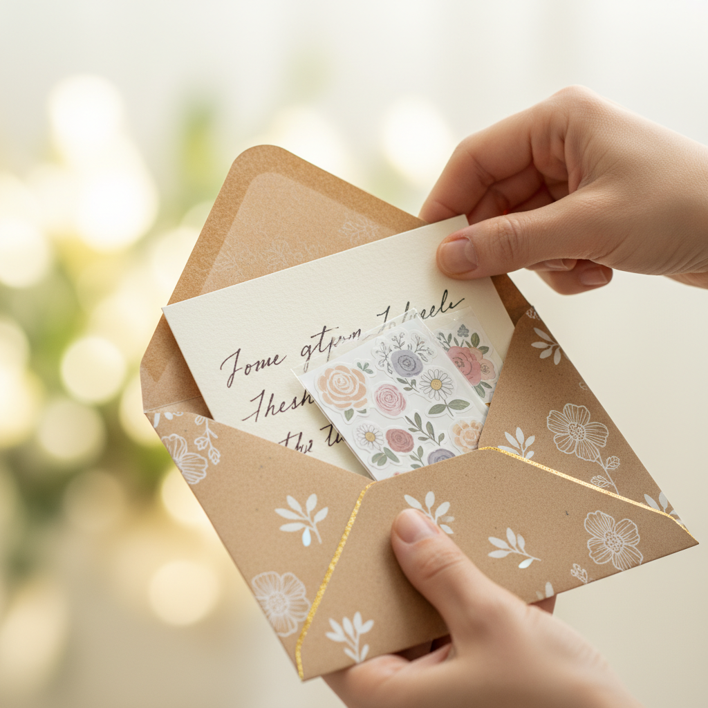 A close-up shot of hands carefully assembling a snail mail kit, tucking a handwritten card and a small bundle of stickers into a beautifully decorated kraft paper envelope.