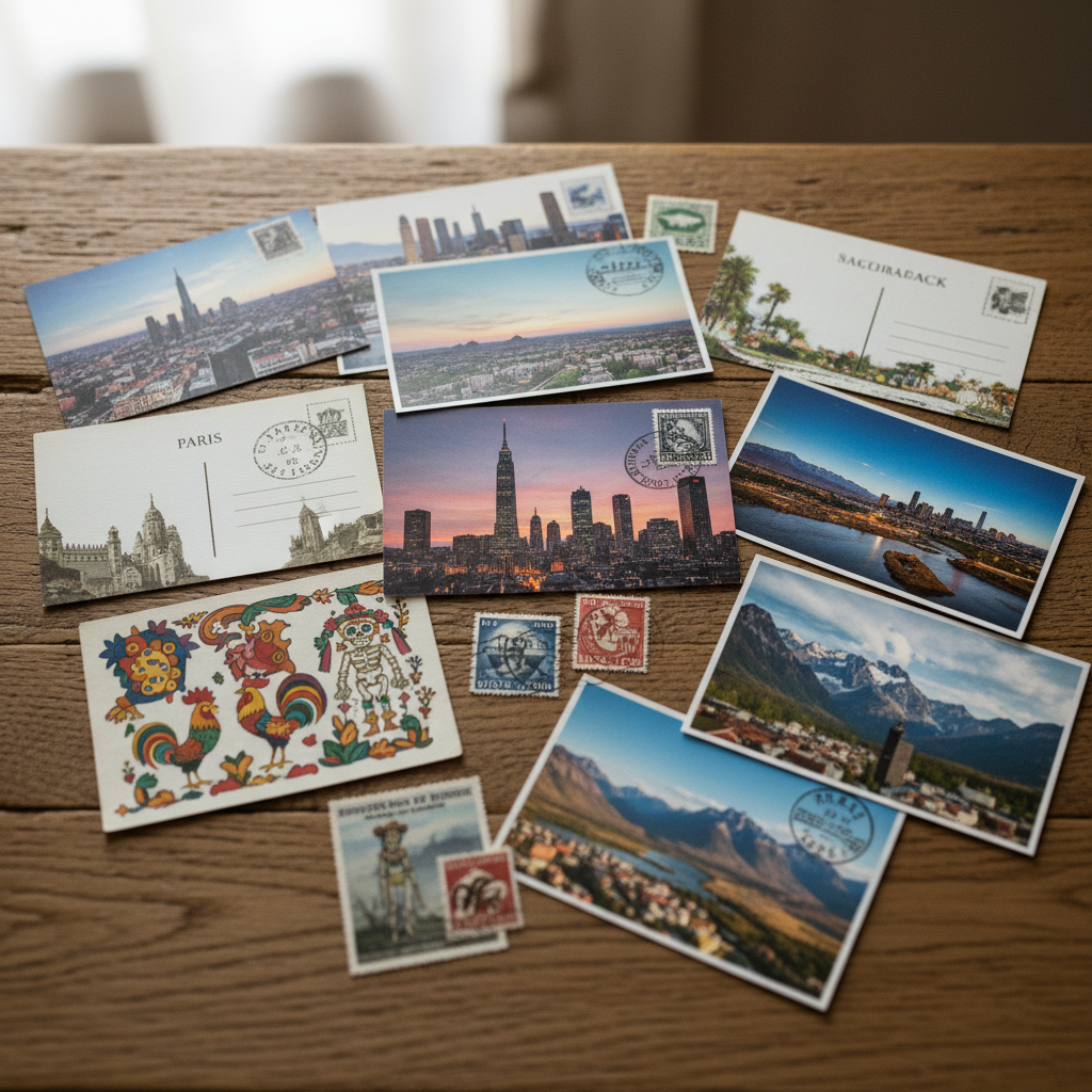 A collection of colorful international postcards and postage stamps spread across a wooden surface.