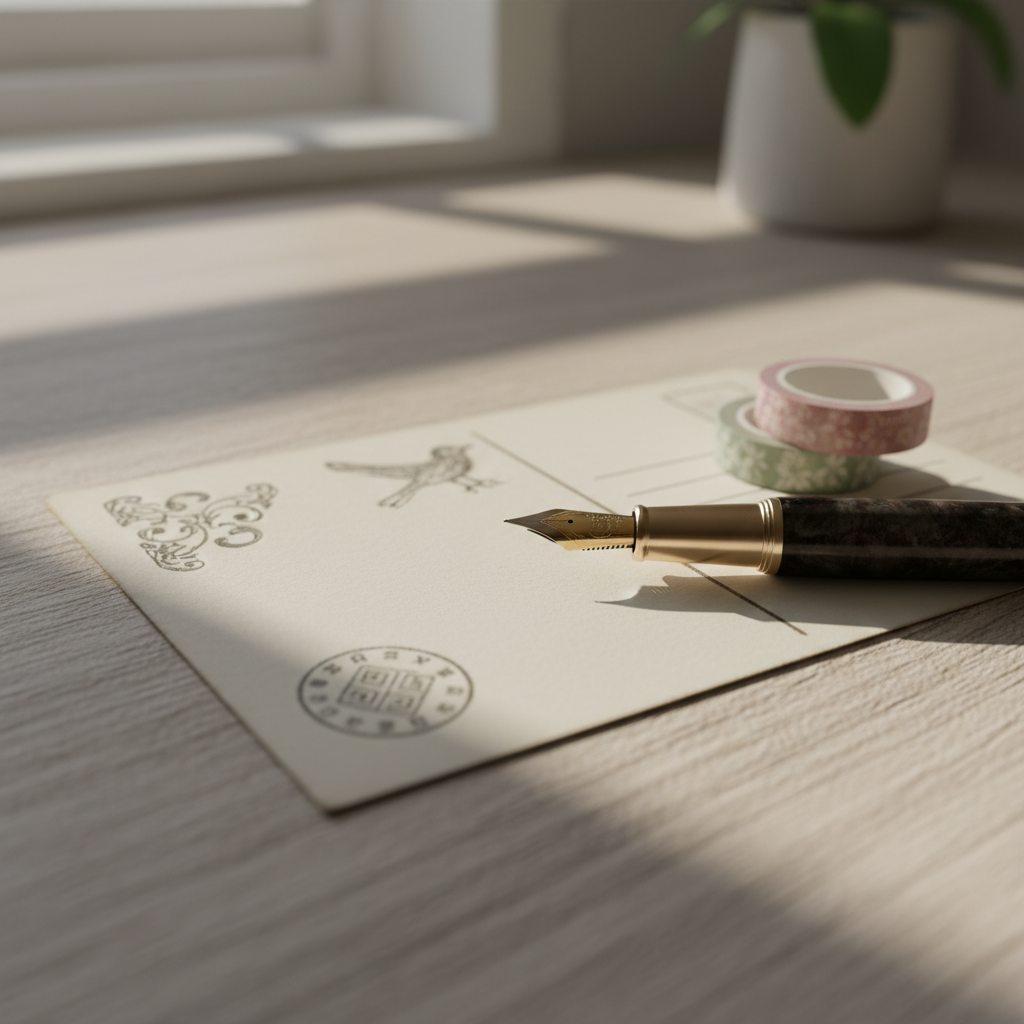 A close-up of a postcard being decorated with washi tape, stamps, and a fountain pen.
