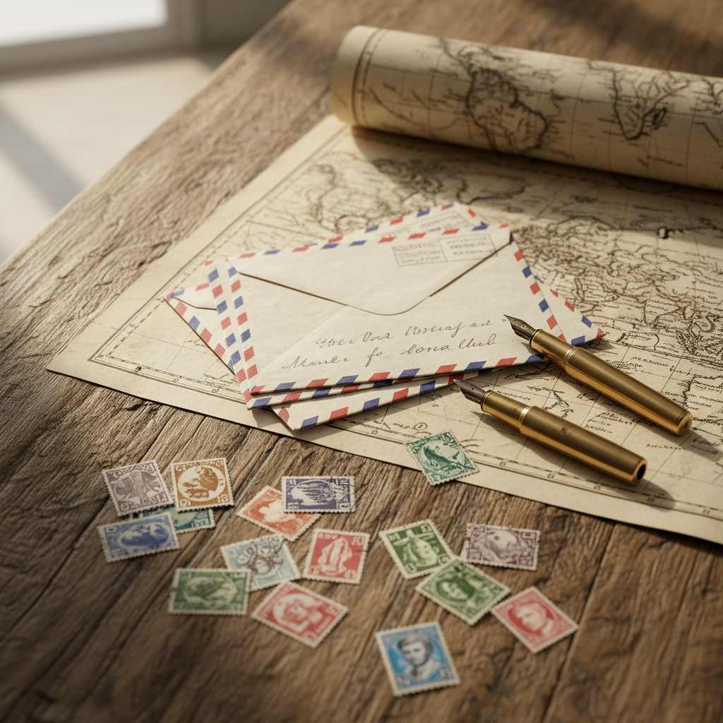Flat lay of a wooden desk with airmail letters, fountain pens, and a world map.