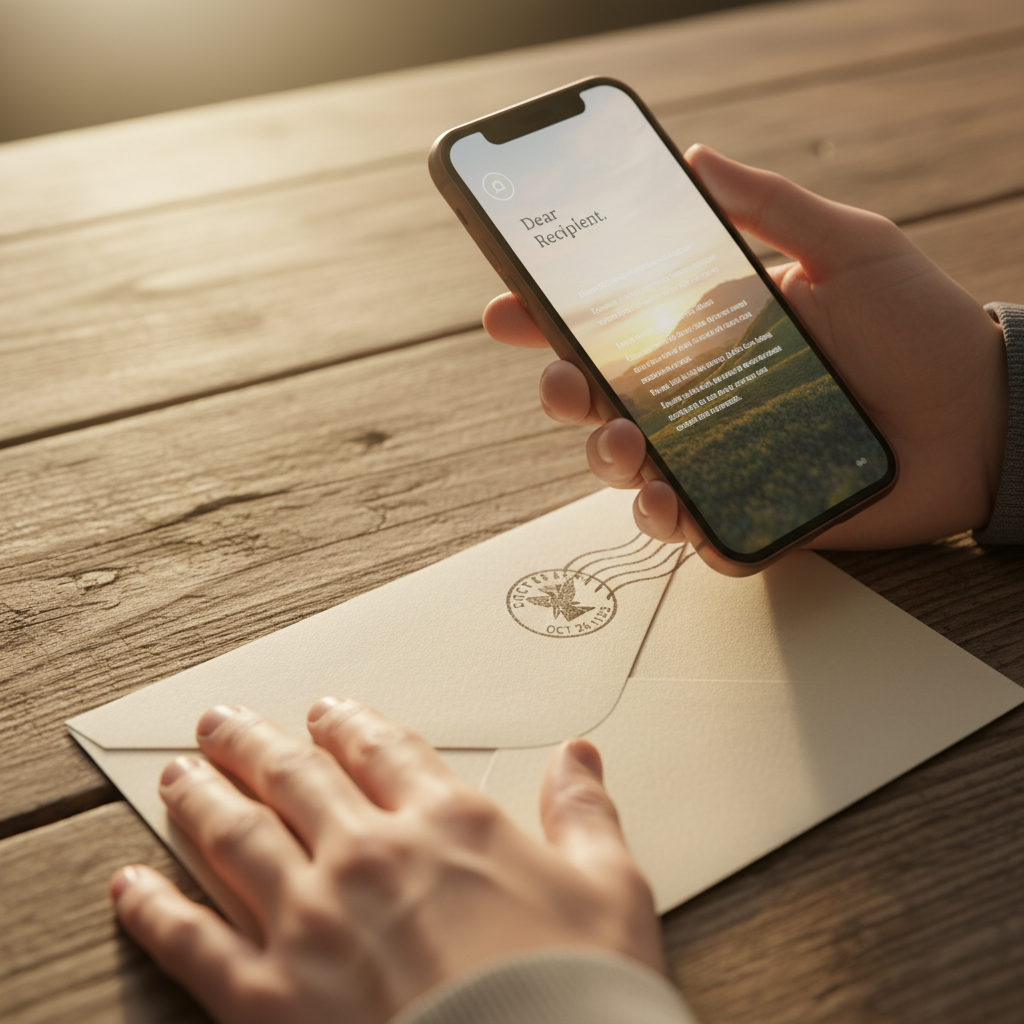 A hand holding a smartphone next to a physical stamped envelope on a wooden table.