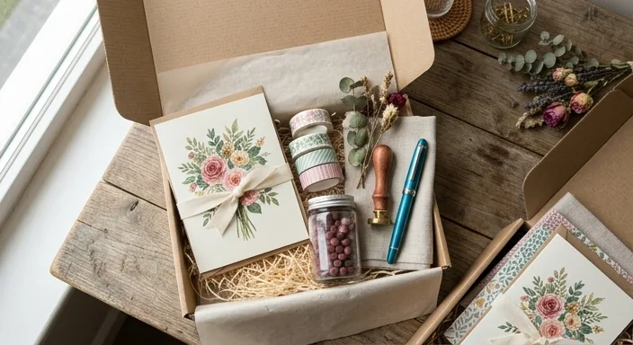 Flat lay photo of open stationery subscription boxes on a rustic wooden desk, featuring hand-painted floral cards, colorful washi tape, a vintage wax seal stamp, and a premium fountain pen under soft natural light.