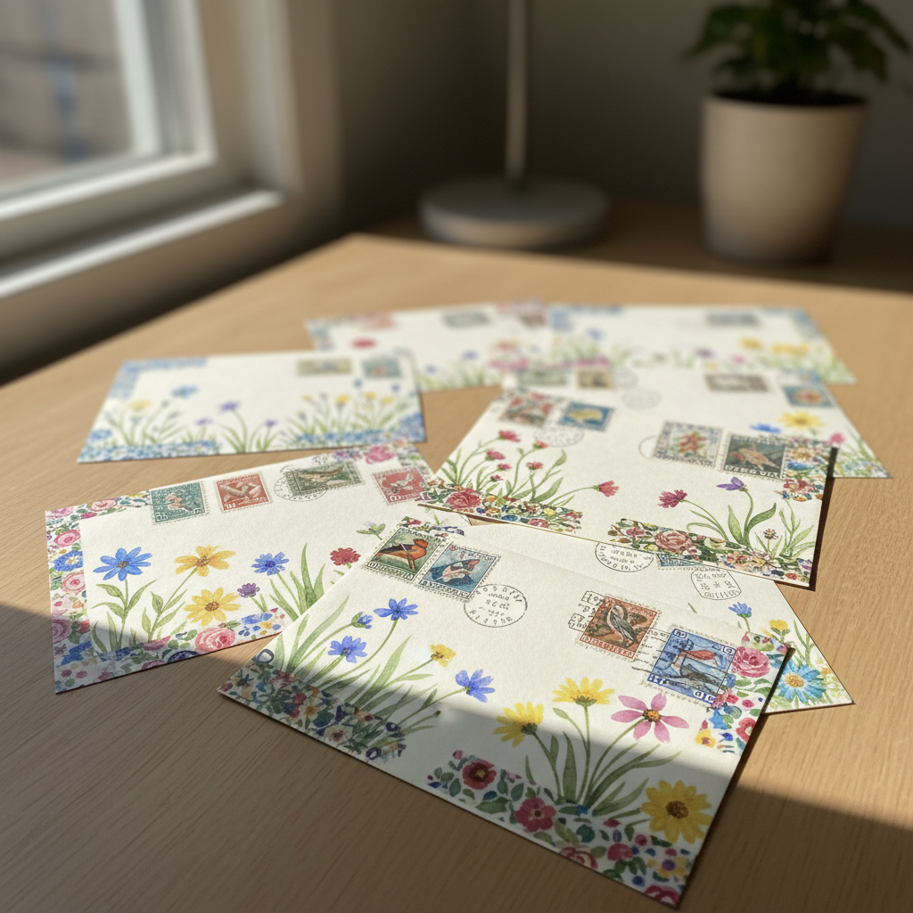 A collection of decorated cream envelopes with hand-painted botanical art, colorful washi tape, and vintage stamps on wood.
