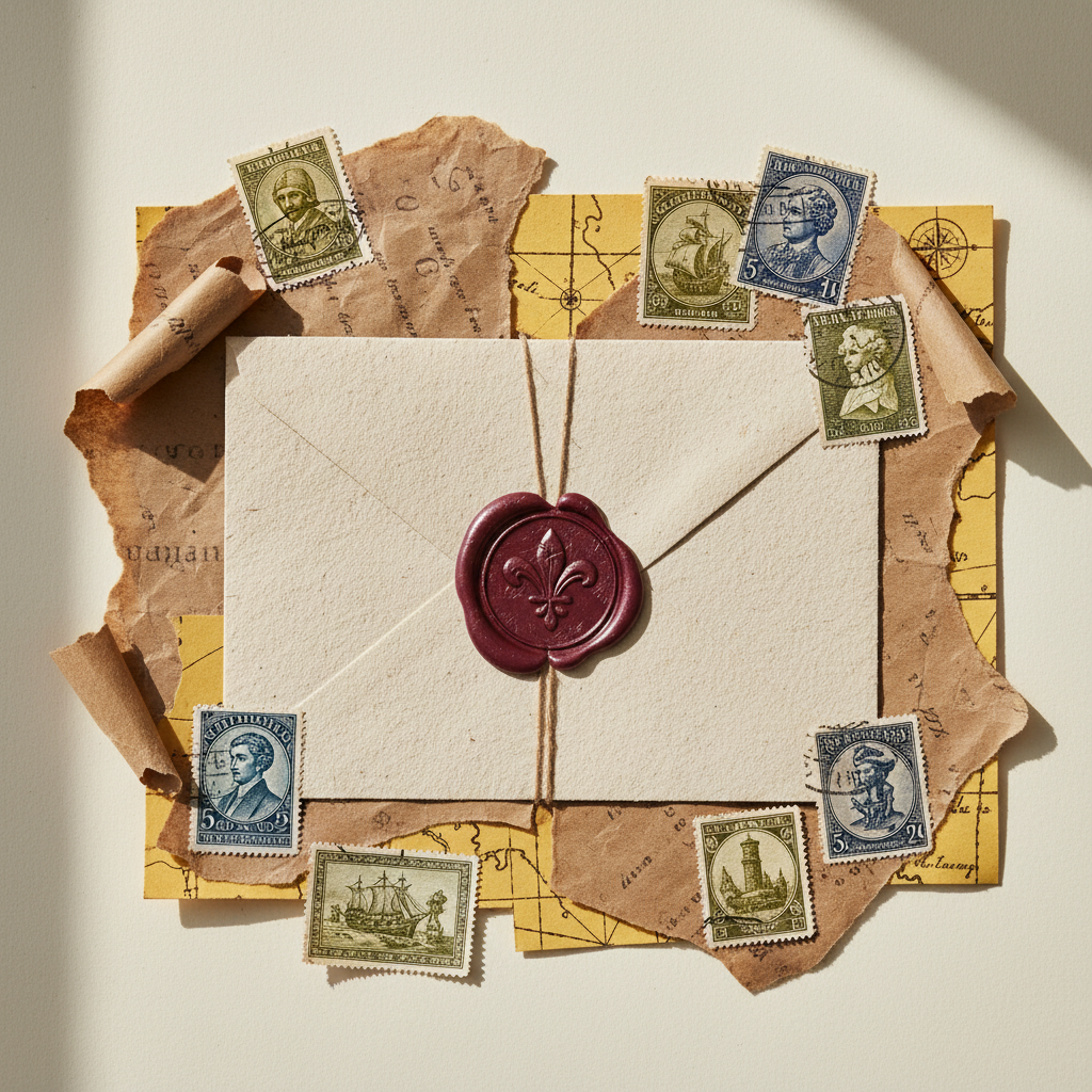 Close-up of a collage-style envelope featuring vintage stamps, torn brown paper, an old map, and a burgundy wax seal.