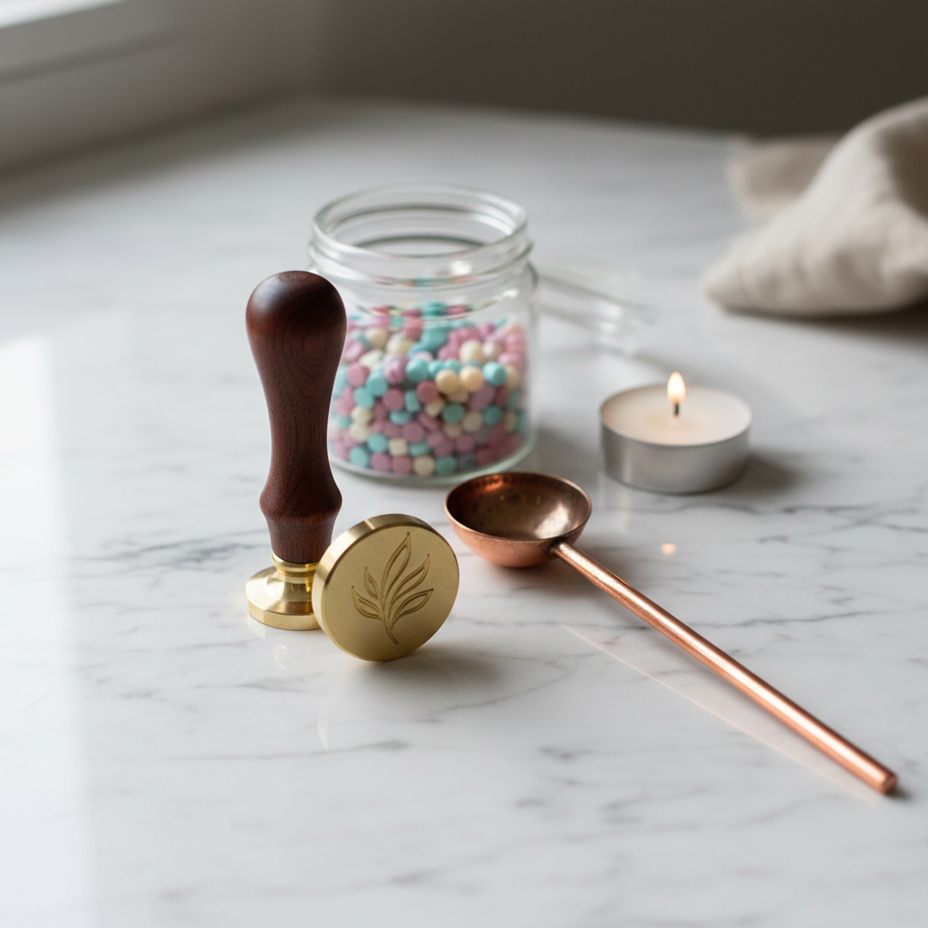 A top-down view of wax sealing tools including a brass stamp, copper spoon, and pastel wax beads on a marble surface.
