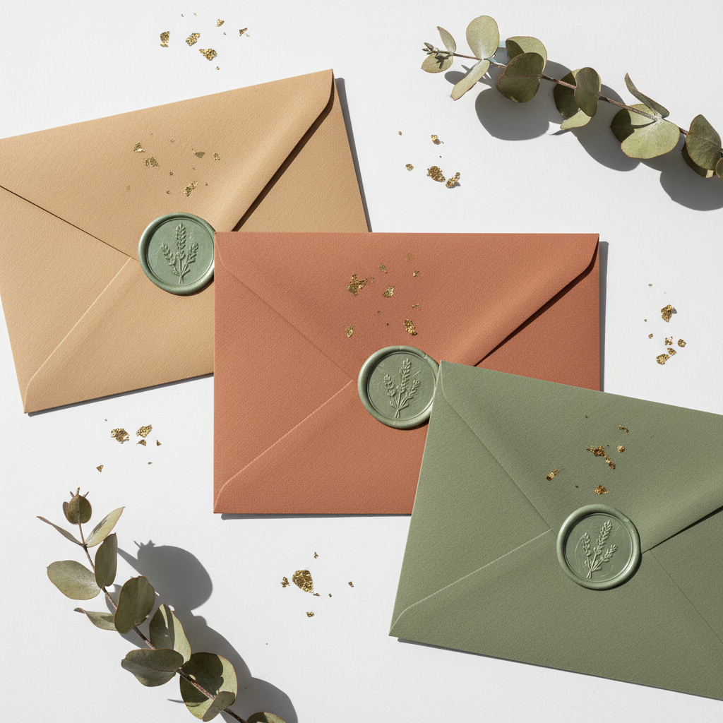 Three envelopes with sage-green botanical wax seals, gold foil, and dried eucalyptus leaves on a bright surface.