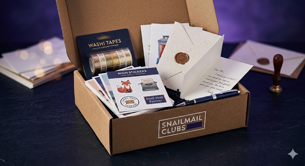 Curated analog subscription box from Snail Mail Clubs featuring washi tape, stickers, envelopes with a wax seal, and a pen.